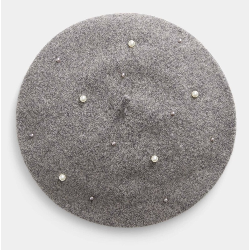 Grey wool felt beads embellished beret hat NWT